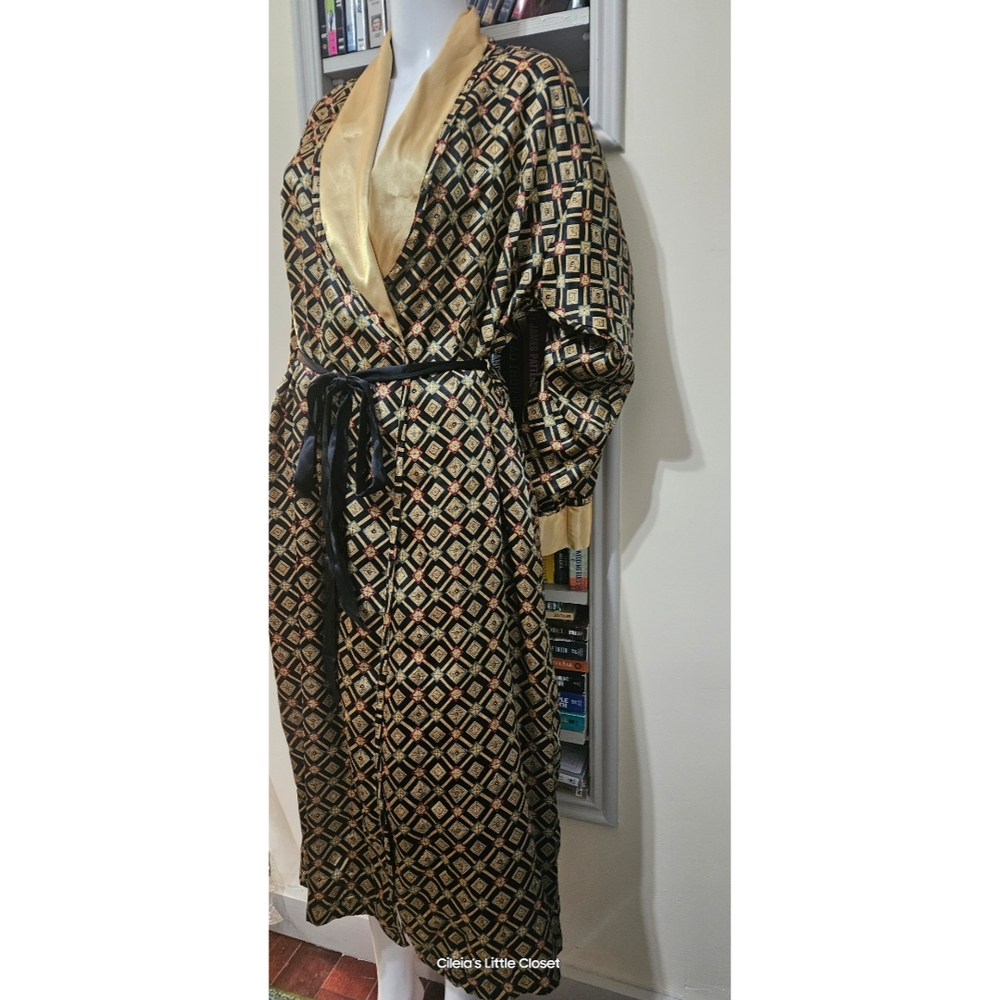 Victoria's Secret Vintage Black/Gold Geometric Print Long Slves, Belted Robe M ✔